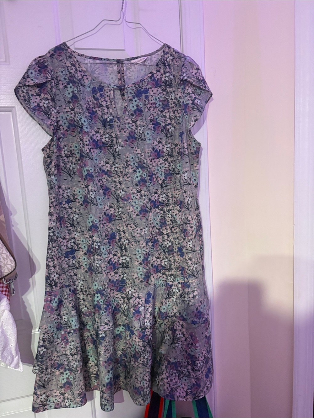 Monsoon Lavender Floral Cap-Sleeve Ruffle-Hem Mini Dress